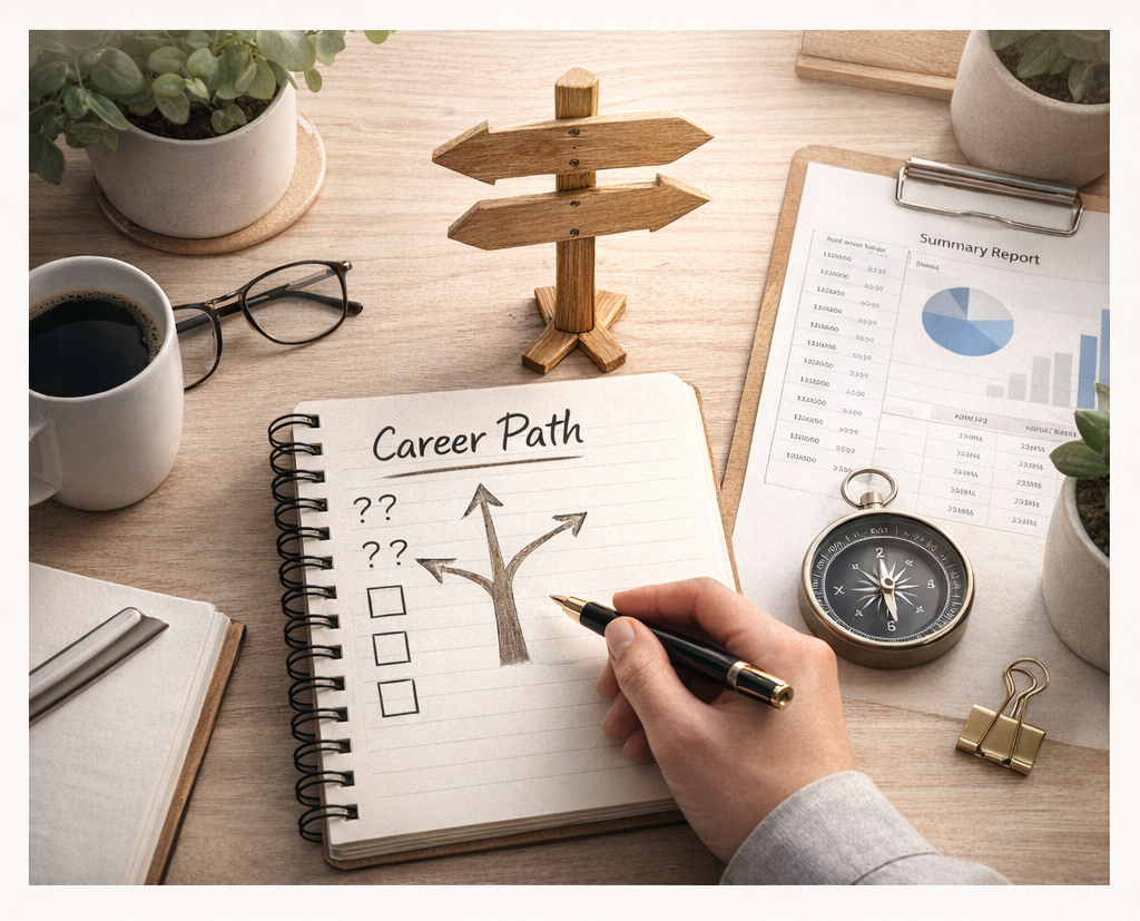 Overhead view of a wooden desk with a notebook titled “Career Path?” showing multiple directional arrows, a pen, compass, coffee cup, and wooden signpost symbolizing career choices.
