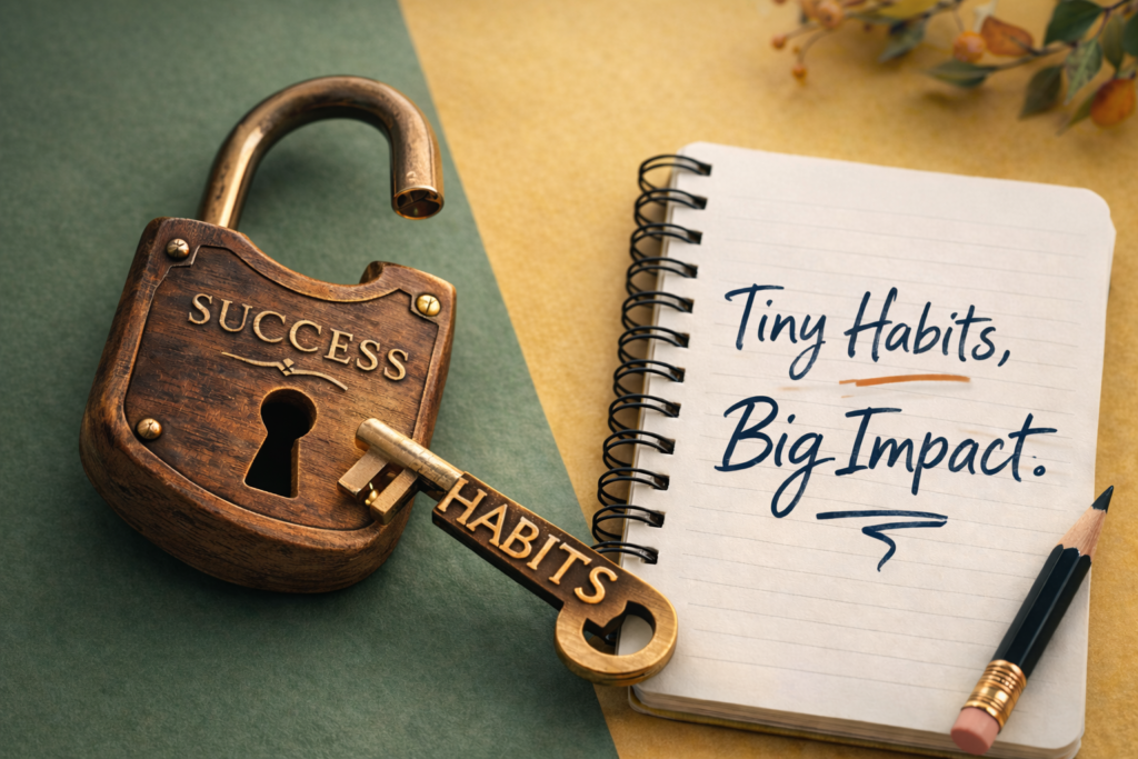 Wooden padlock engraved with “Success” unlocked by a golden key labeled “Habits” beside a notebook titled “Tiny Habits, Big Impact” on a green and mustard background.