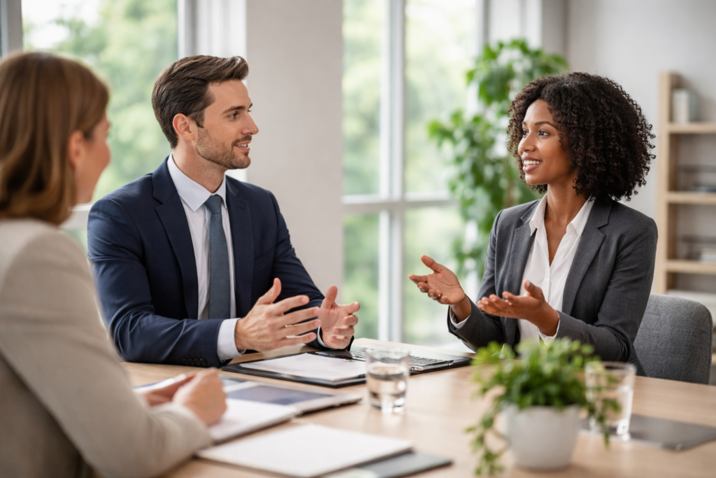 Three professionals in a modern office discussing delegation and leadership strategy during a team meeting.