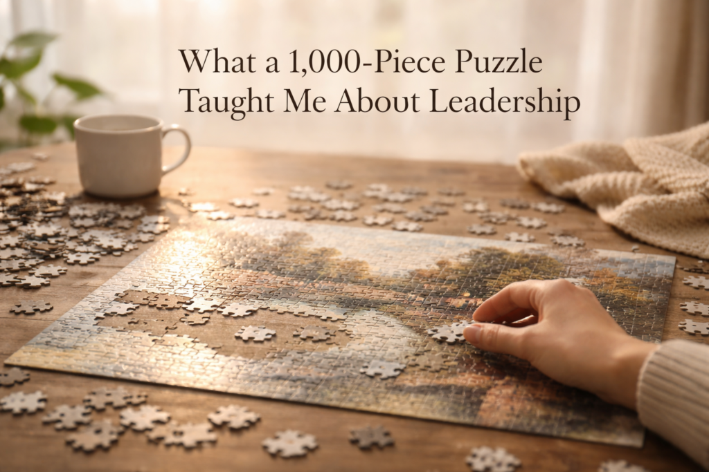 Hand placing a puzzle piece on a table with scattered pieces, symbolizing patience and leadership.