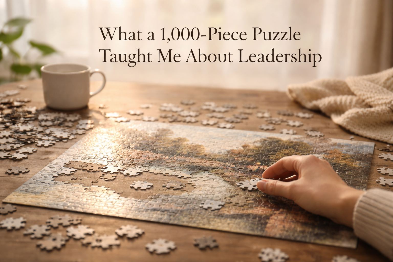 Hand placing a puzzle piece on a table with scattered pieces, symbolizing patience and leadership.