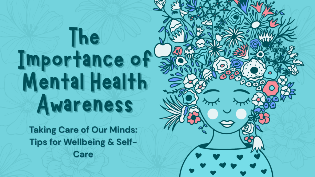 Mental health awareness illustration showing a calm figure with decorative floral elements, promoting wellbeing and self-care